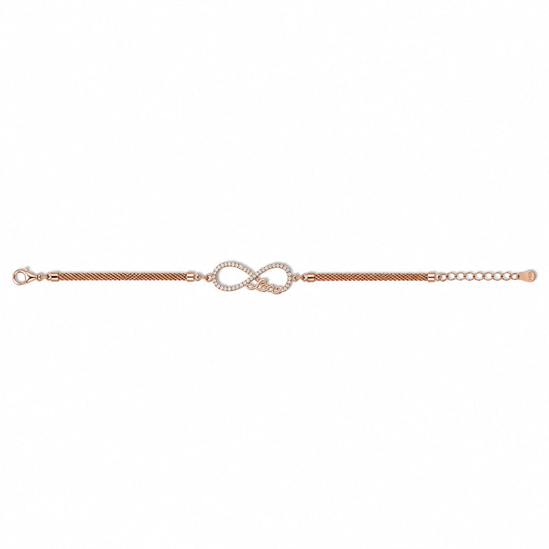 Rose gold infinity mesh bracelet in 925 silver with linked infinity charm and chain detail