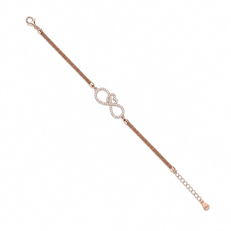 Rosegold love knot bracelet in 925 silver with heart knot charm, rose-gold chain