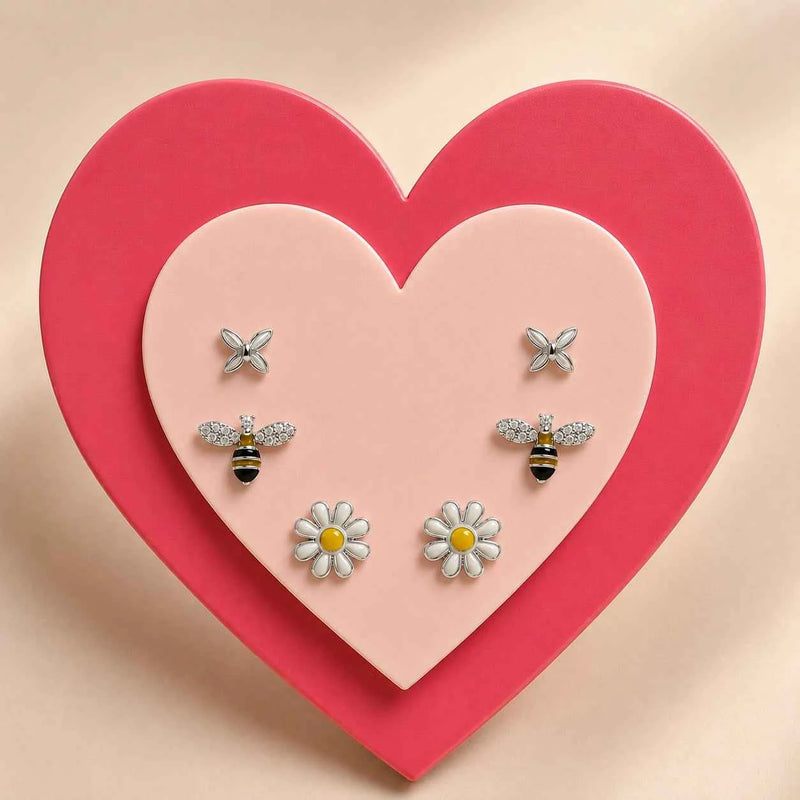 Silver Bee & Daisy Stud Earrings Set