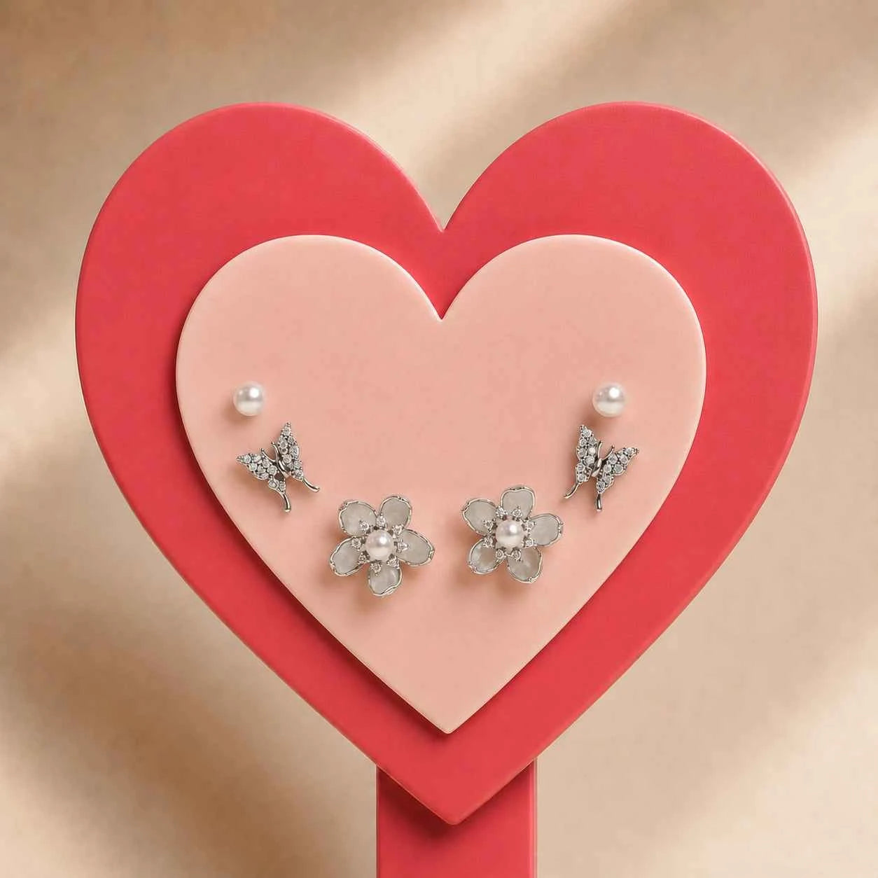 Silver Butterfly & Pearl Stud Earrings Set