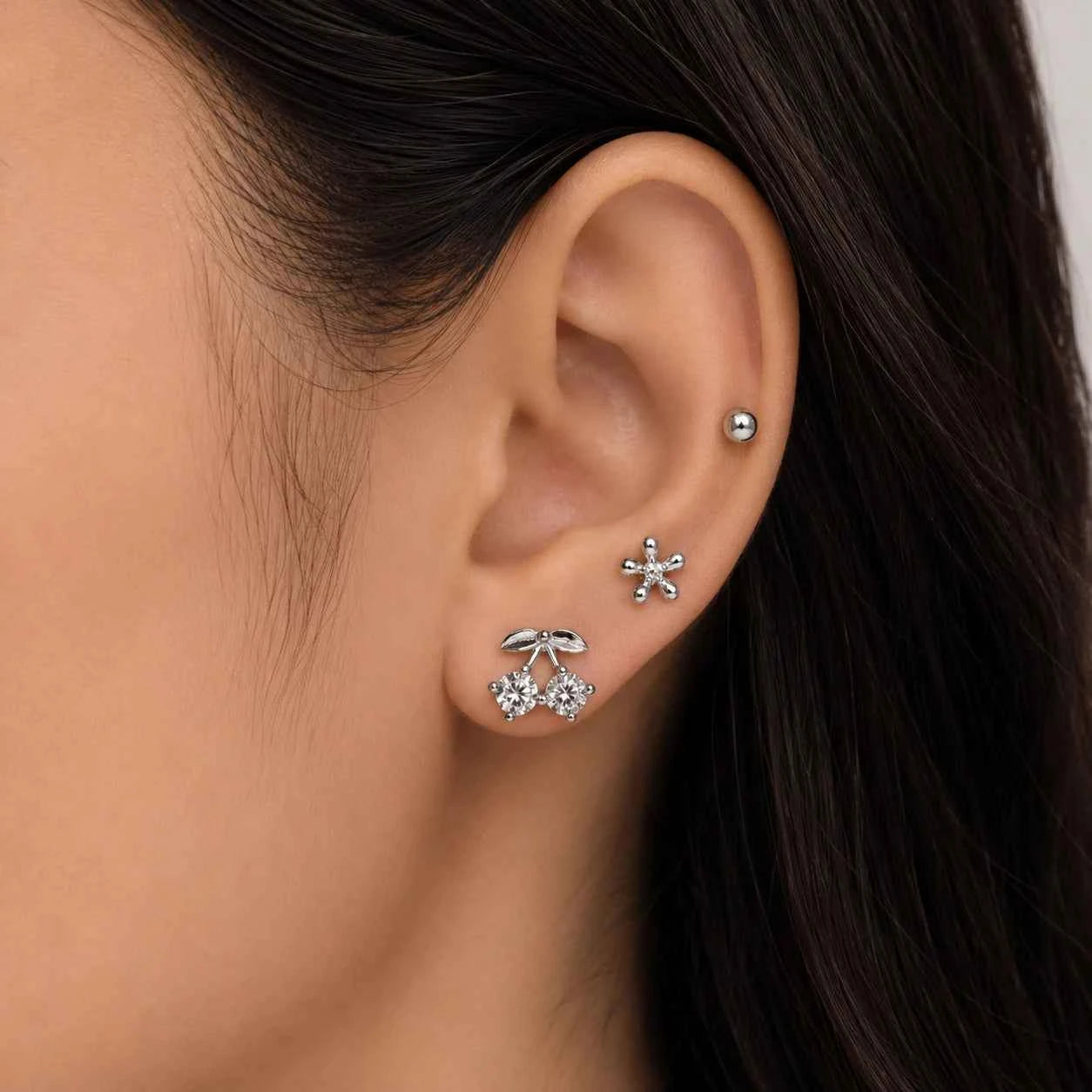 Silver Cherry & Floral CZ Stud Earrings