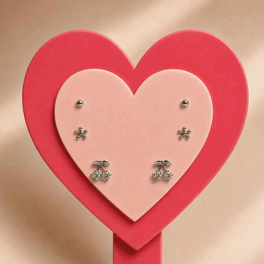 Silver Cherry & Floral CZ Stud Earrings