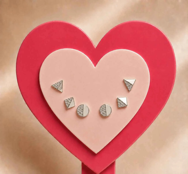 Silver Geometric Stud Earrings Set