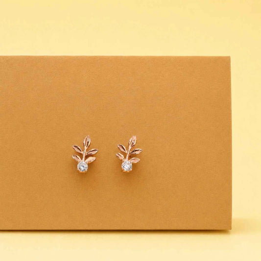 Silver leaf stud earrings, two leaf studs with crystal sparkle points