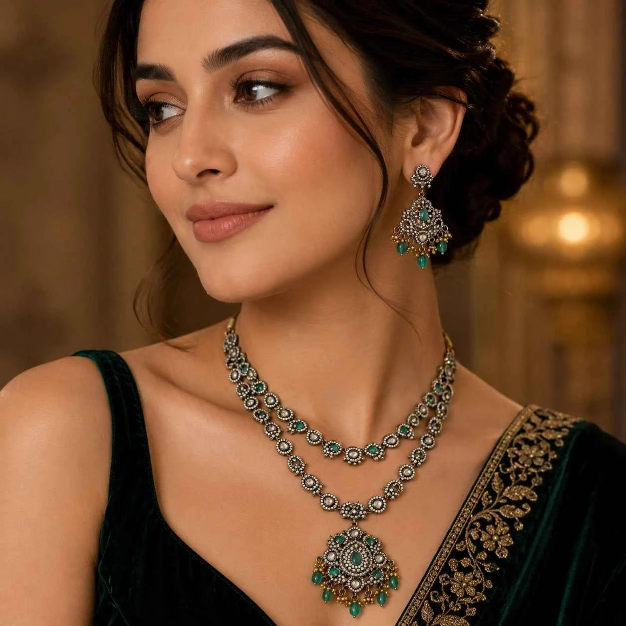 Victorian Emerald Pendant Necklace Set