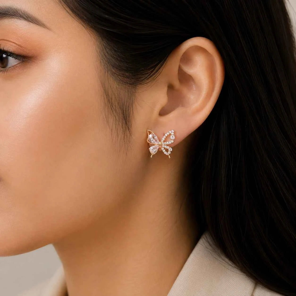 Golden Flutter Crystal Butterfly Stud Earrings