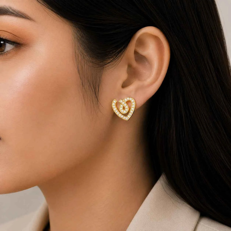 Golden Heart Loop Crystal Stud Earrings