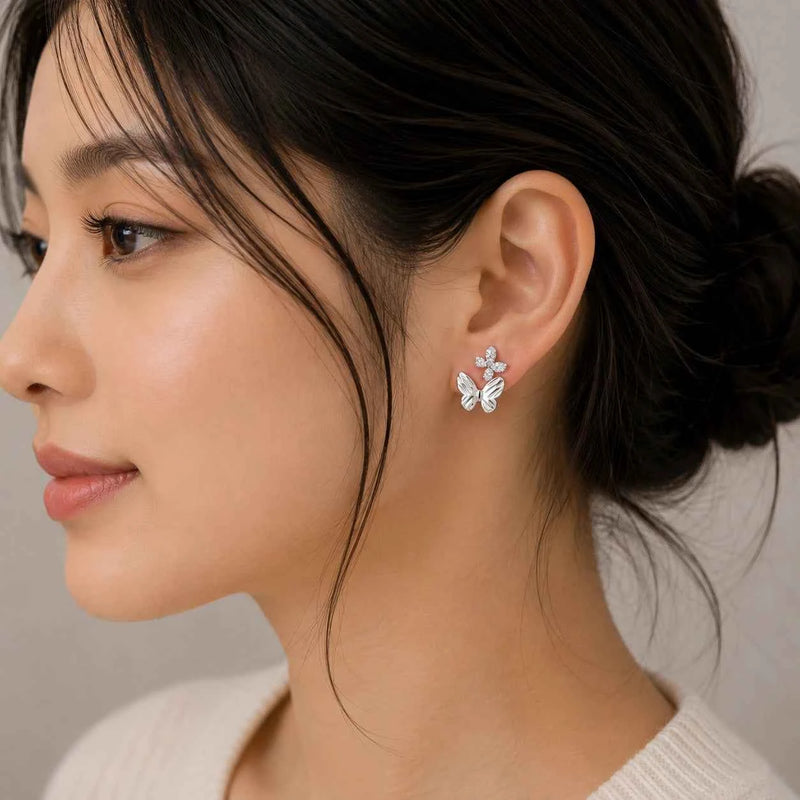 Silver Flutter Duo Butterfly Stud Earrings