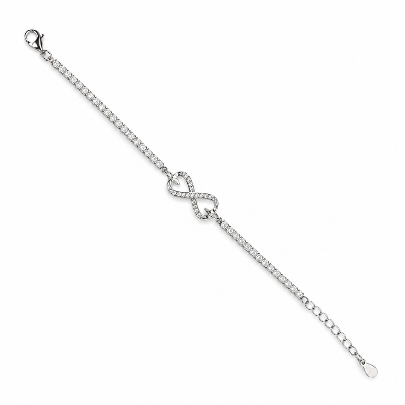 Silver infinity bracelet with pavé stones and linked infinity charm at center