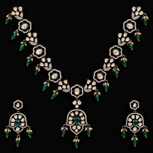 Victorian emerald bloom necklace set: gold-tone link necklace with green teardrops and 3 earrings