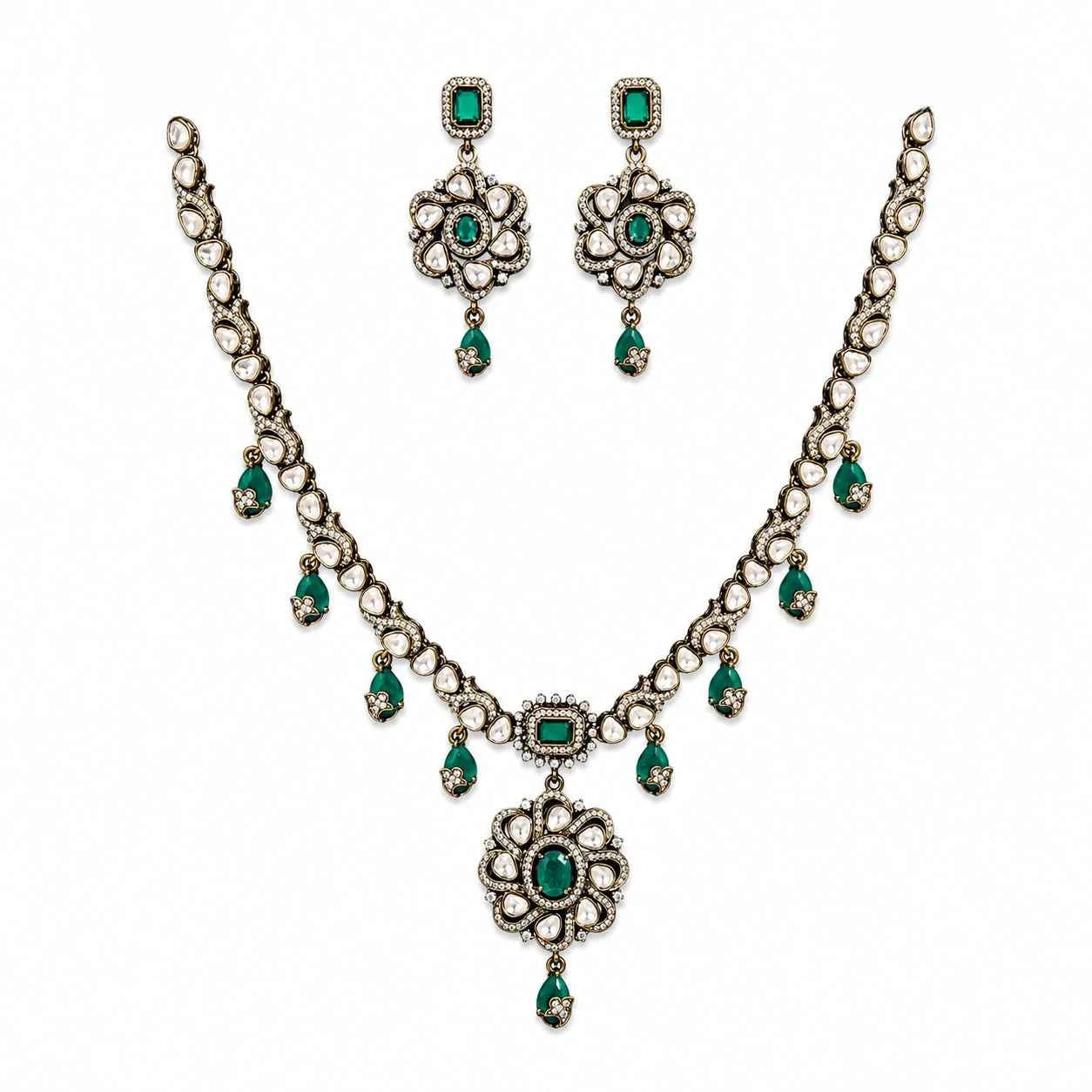 Victorian Emerald Floral Pendant Necklace Set