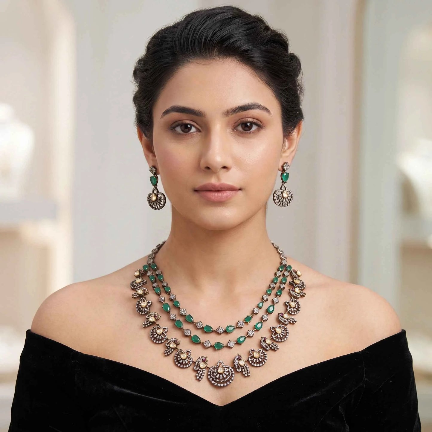 Victorian Emerald Peacock Necklace Set