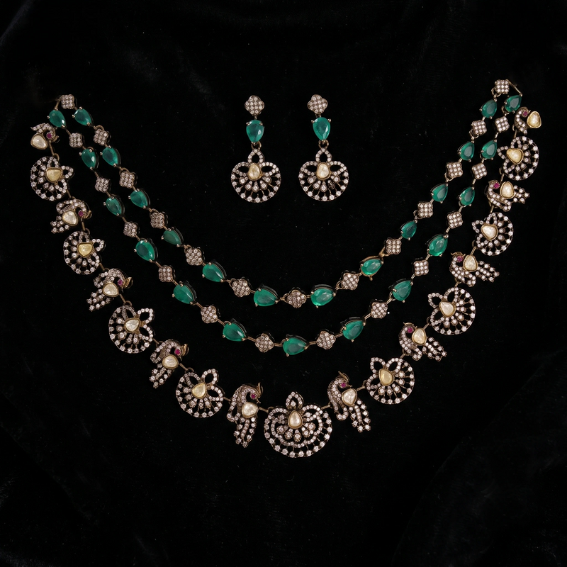 Victorian Emerald Peacock Necklace Set