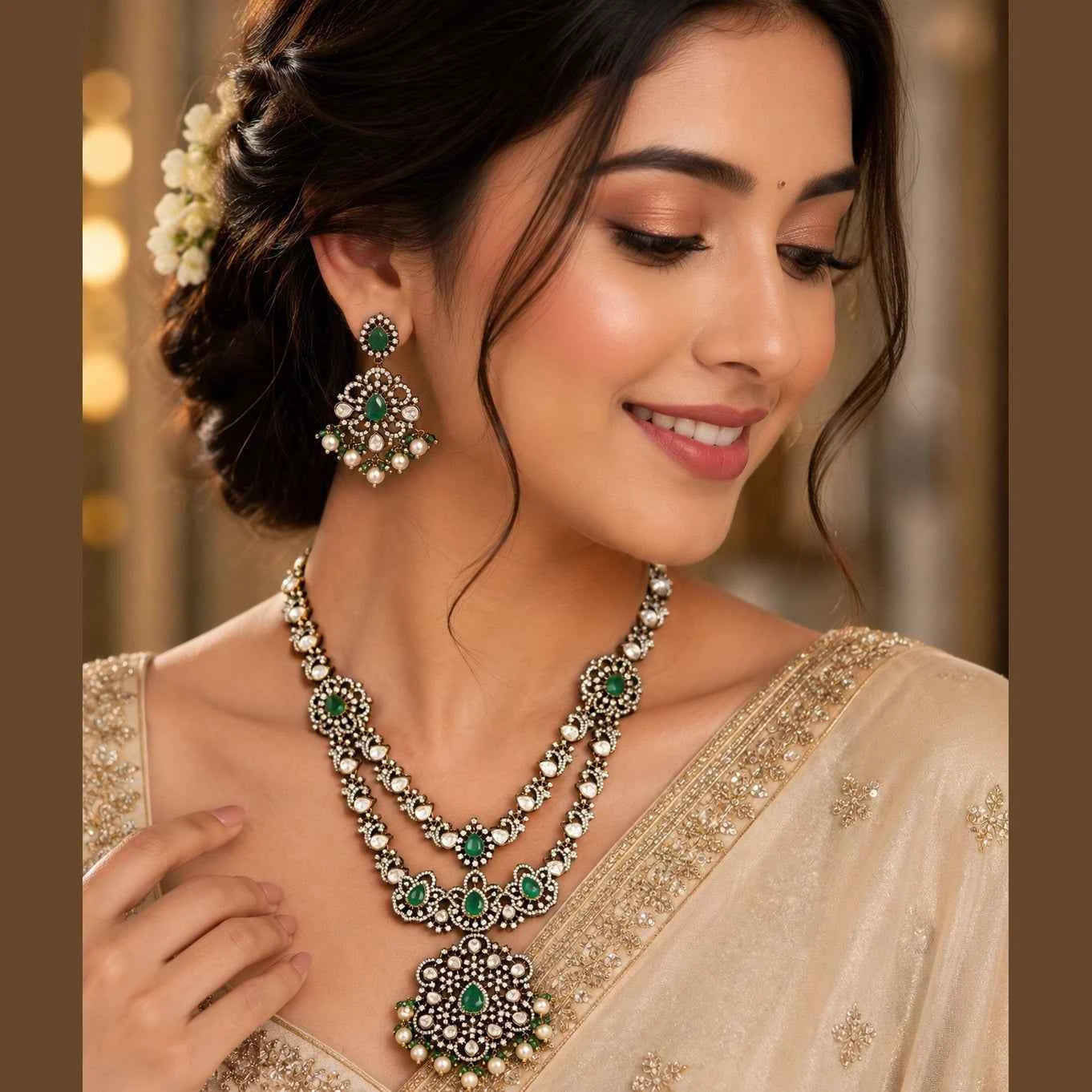 Victorian Floral Emerald Necklace Set