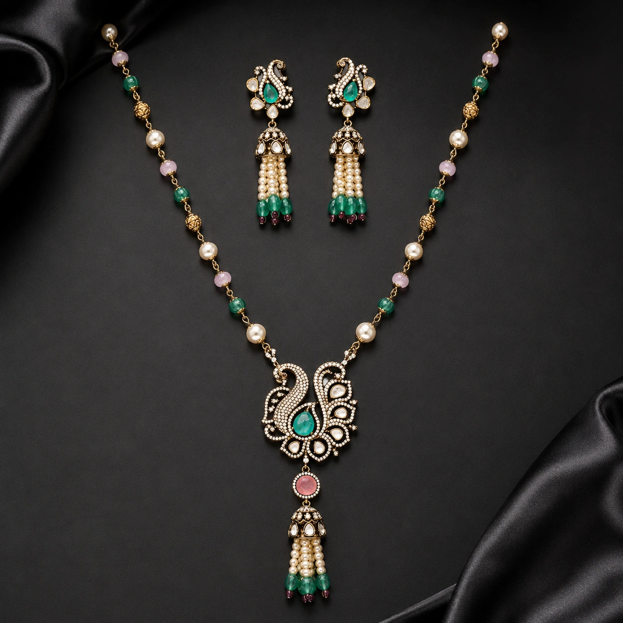 Victorian Swan Pearl Tassel Pendant Set