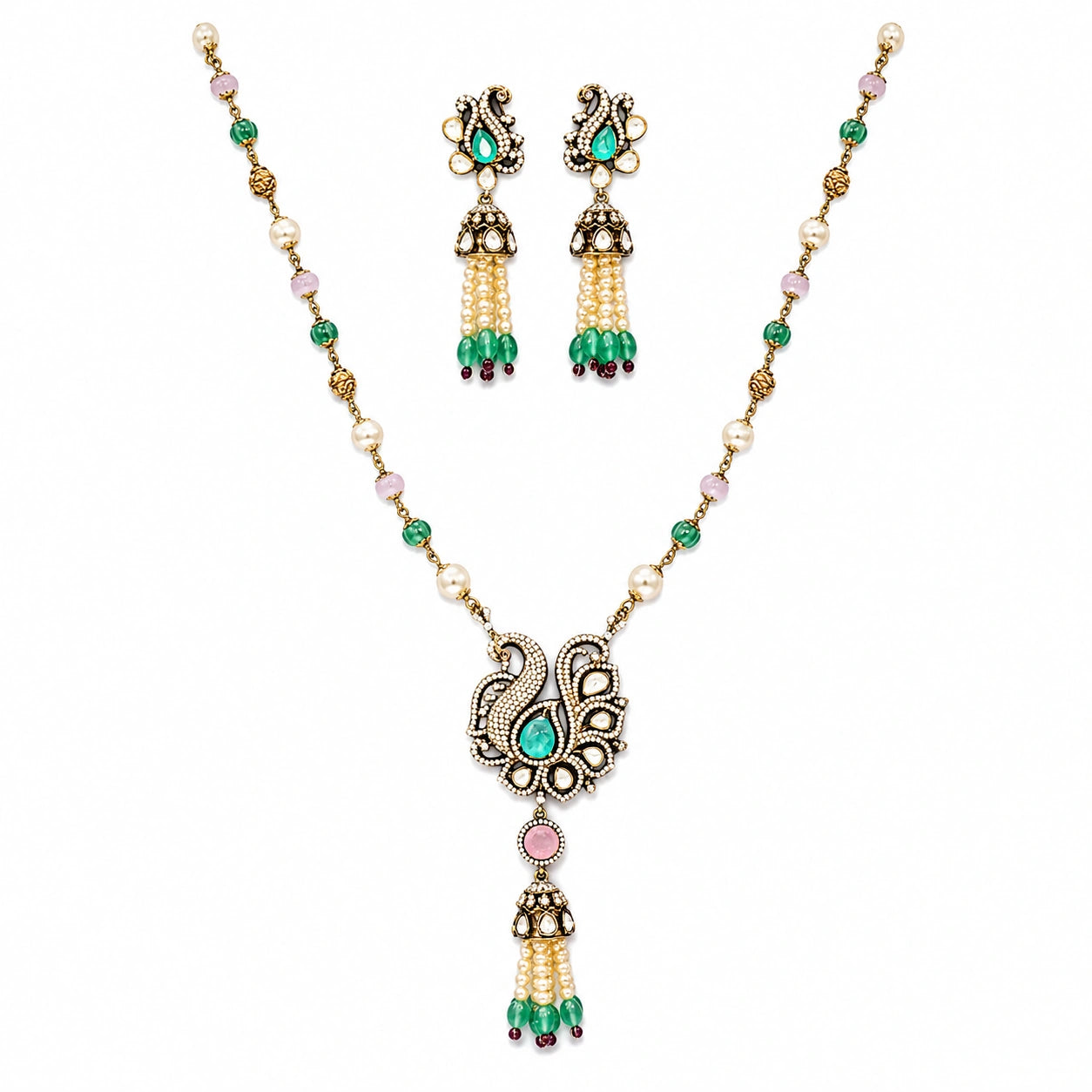 Victorian Swan Pearl Tassel Pendant Set