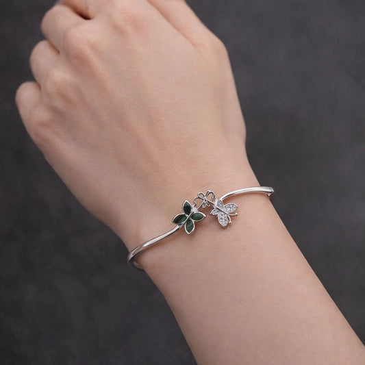 Floral Charm Sterling Silver Cuff Bracelet for Women