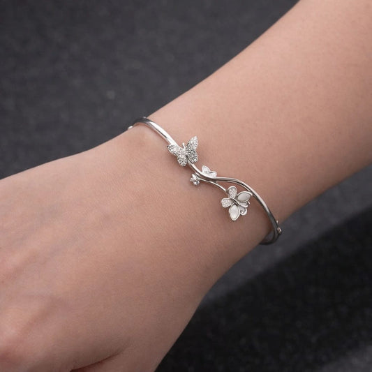 Butterfly & Floral Vine Sterling Silver Cuff Bracelet for Women