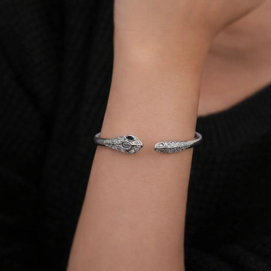 Serpent Head Sterling Silver Open Cuff Bracelet for Women
