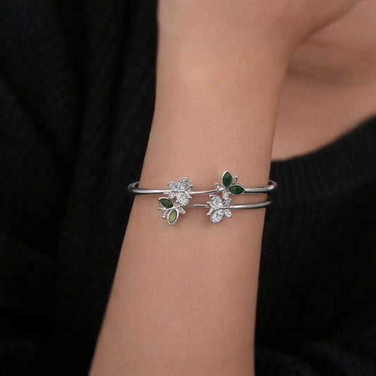 Twin Floral Sterling Silver Open Cuff Bracelet for Women