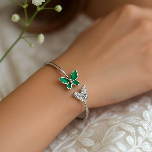 Dual Butterfly Sterling Silver Open Cuff Bracelet for Women