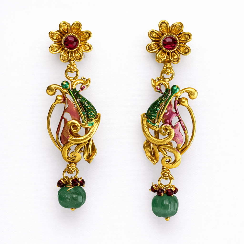 Antique Gold Plated Floral Peacock Earrings with Green Bead Drops - Silvorn India