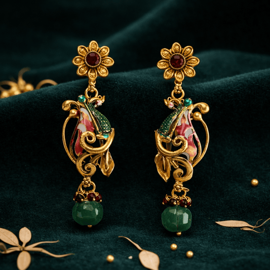 Antique Gold Plated Floral Peacock Earrings with Green Bead Drops - 925 Silver Jewelery
