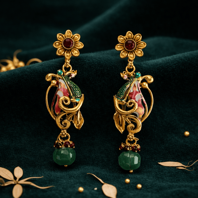 Antique gold floral peacock drop earrings with green bead dangles and red center accents
