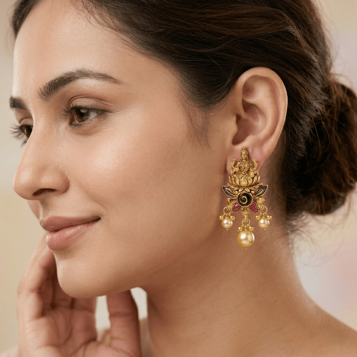 Antique Gold Plated Lakshmi Temple Earrings with Lotus Motif & Pearl Drops - Silvorn India