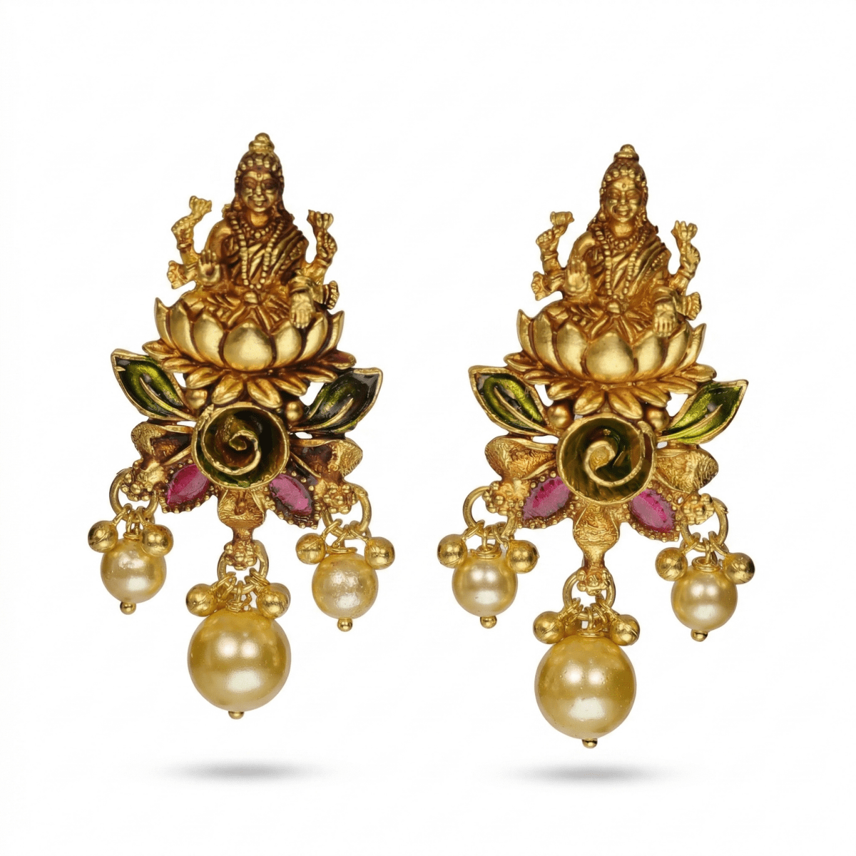 Antique Gold Plated Lakshmi Temple Earrings with Lotus Motif & Pearl Drops - Silvorn India