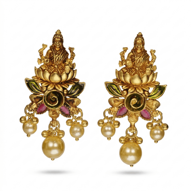 Earrings: gold-plated Lakshmi temple with lotus motif and pearl drop dangles