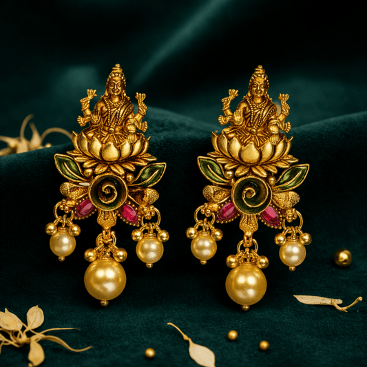 Antique Gold Plated Lakshmi Temple Earrings with Lotus Motif & Pearl Drops - 925 Silver Jewelery