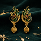 Antique Gold Plated Peacock Enamel Earrings with Green Accents & Gold Drop - Silvorn India