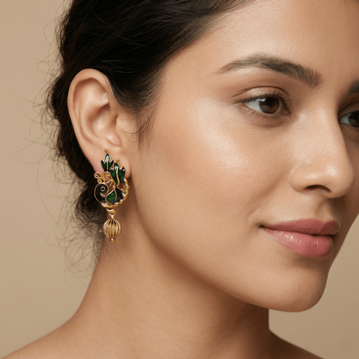 Antique Gold Plated Peacock Enamel Earrings with Green Accents & Gold Drop - Silvorn India