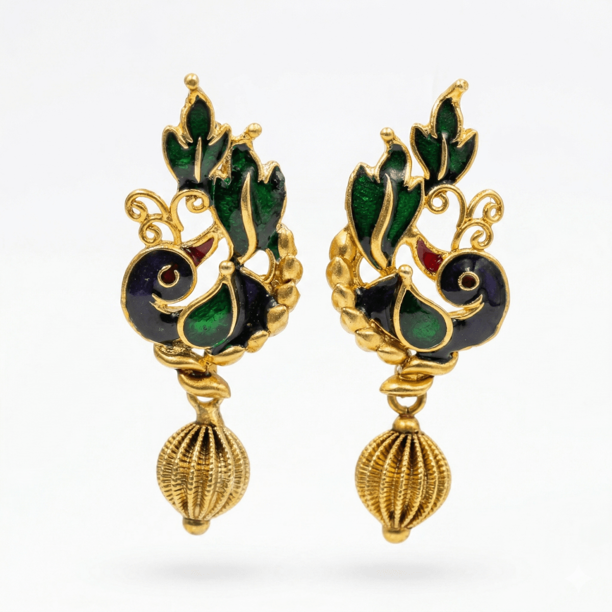 Antique Gold Plated Peacock Enamel Earrings with Green Accents & Gold Drop - Silvorn India