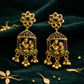 Antique Gold Plated Radha Krishna Temple Earrings with Multicolor Stones & Bead Danglers - Silvorn India