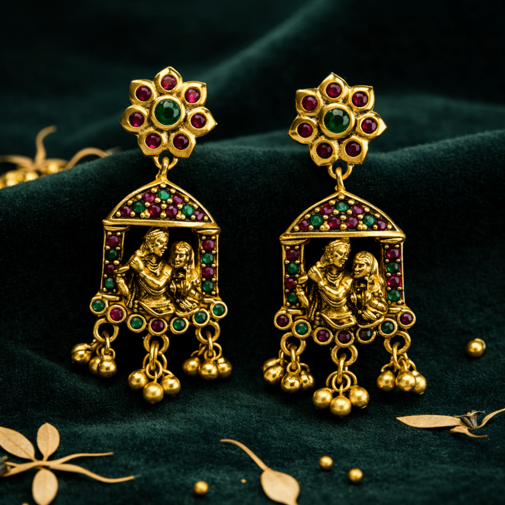 Antique Gold Plated Radha Krishna Temple Earrings with Multicolor Stones & Bead Danglers - Silvorn India