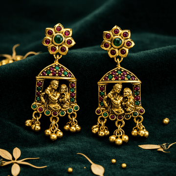 Antique Gold Plated Radha Krishna Temple Earrings with Multicolor Stones & Bead Danglers - Silvorn India