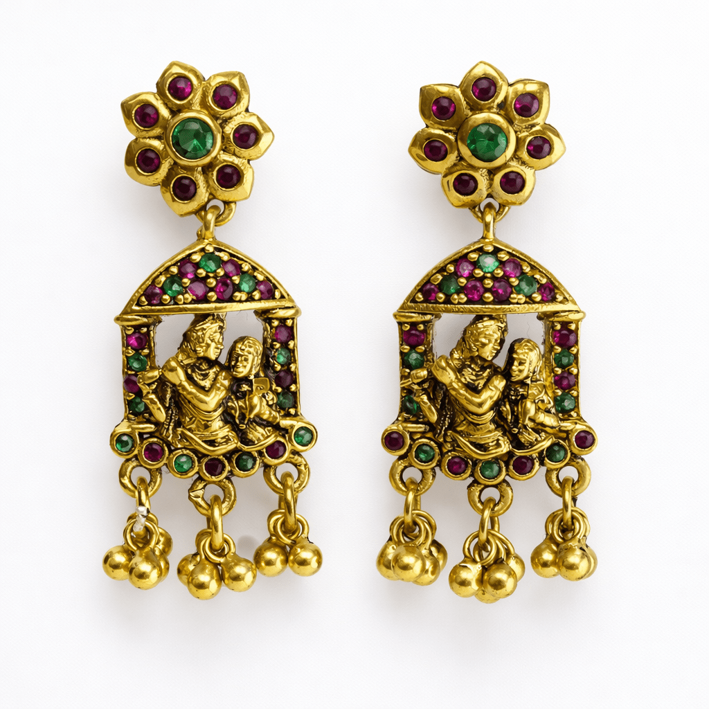 Antique Gold Plated Radha Krishna Temple Earrings with Multicolor Stones & Bead Danglers - Silvorn India