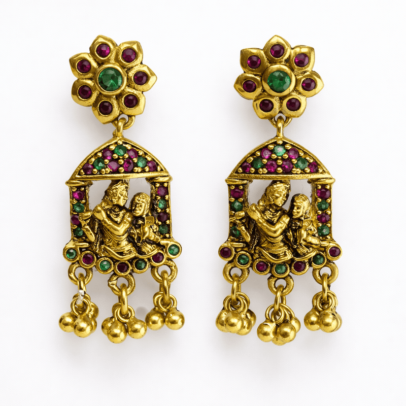 Pair of gold-tone Radha Krishna temple earrings, multicolor stones, dangling beads