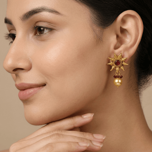 Antique Gold Plated Sun Motif Ruby Stud Earrings with Pearl Drops - 925 Silver Jewelery