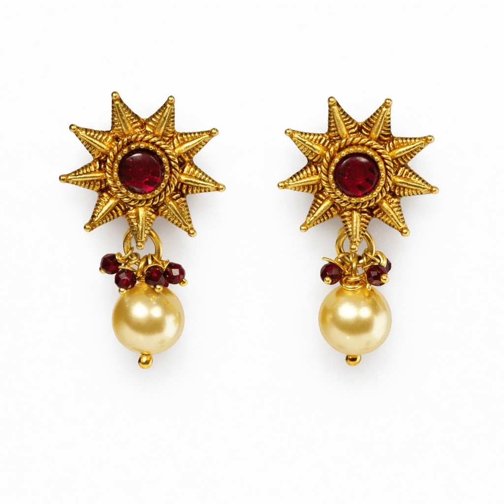 Antique Gold Plated Sun Motif Ruby Stud Earrings with Pearl Drops - Silvorn India