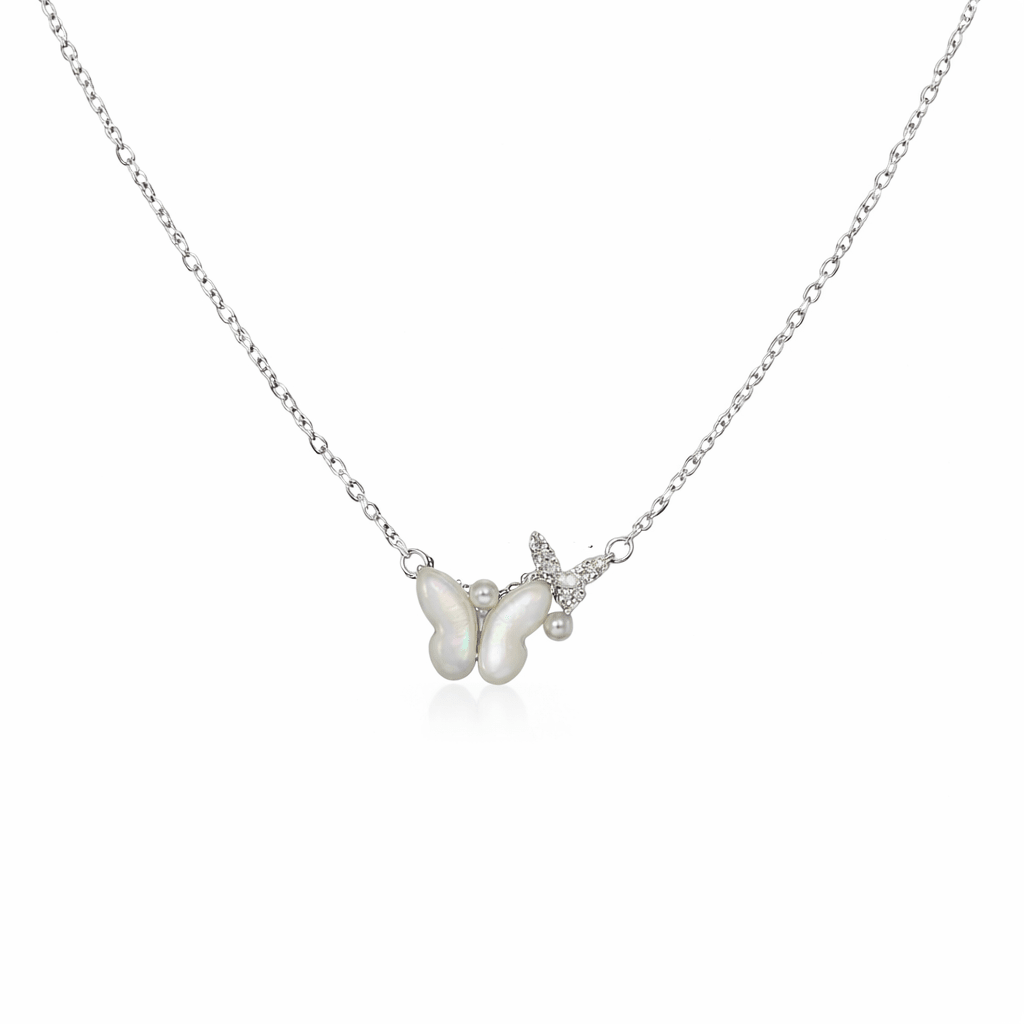 Asymmetrical Mother - of - Pearl & Sparkling Zirconia Dual Butterfly Necklace - Silvorn India
