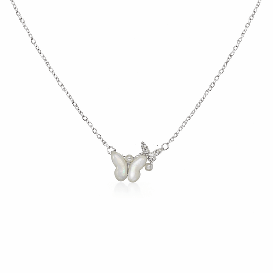 Asymmetrical Mother-of-Pearl & Sparkling Zirconia Dual Butterfly Necklace - 925 Silver Jewelery