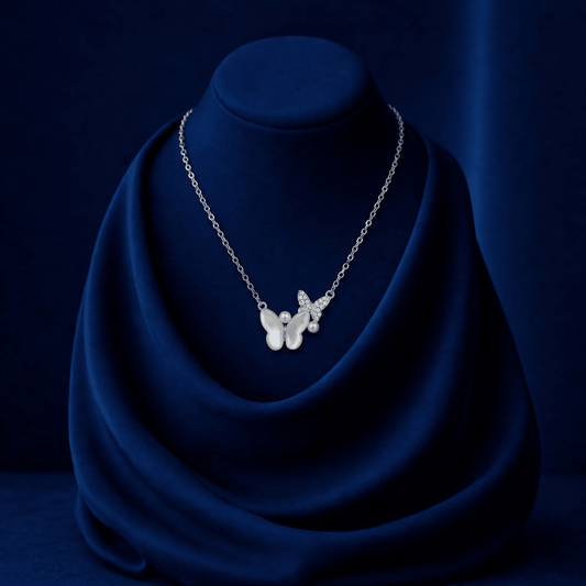 Asymmetrical Mother-of-Pearl & Sparkling Zirconia Dual Butterfly Necklace - 925 Silver Jewelery