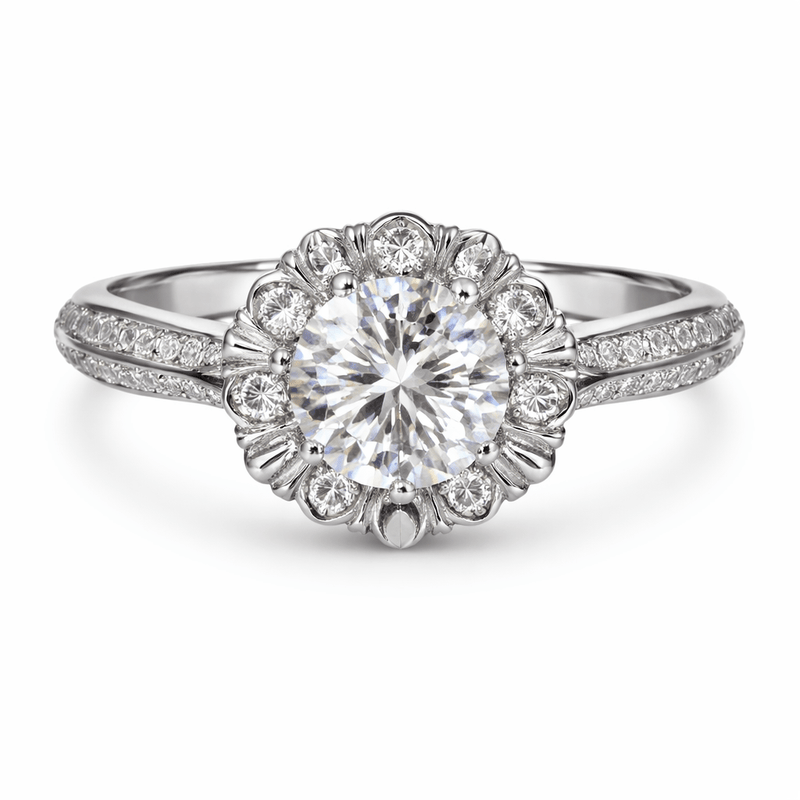 Aurora Bloom halo ring with round center stone, diamond halo, and pavé band.