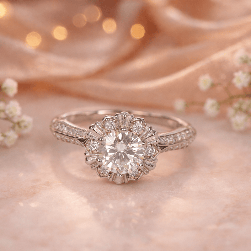 Aurora Bloom halo ring with round center stone, clustered diamond halo, and pavé band.
