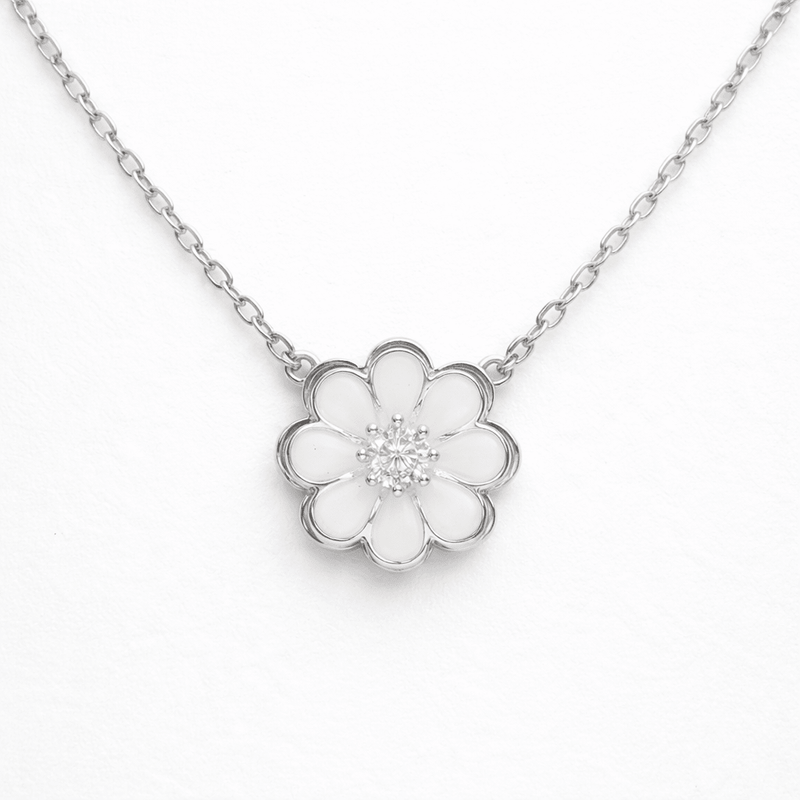 925 silver pendant necklace with five-petal flower and crystal center on chain