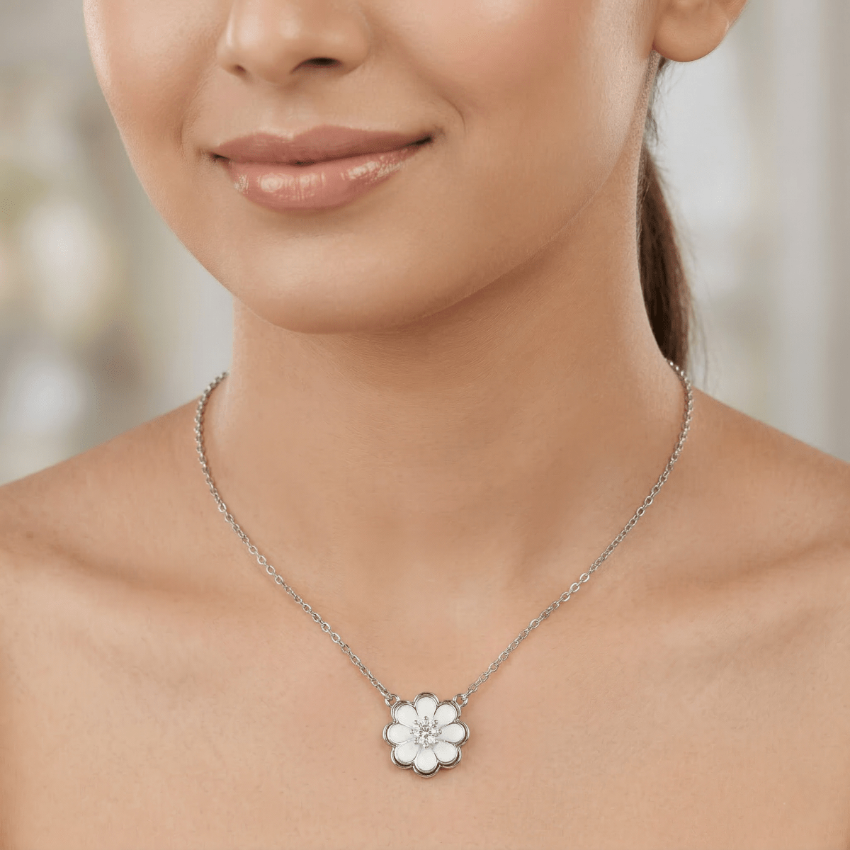 Blossom Pendant Necklace with Crystal Center - Silvorn India