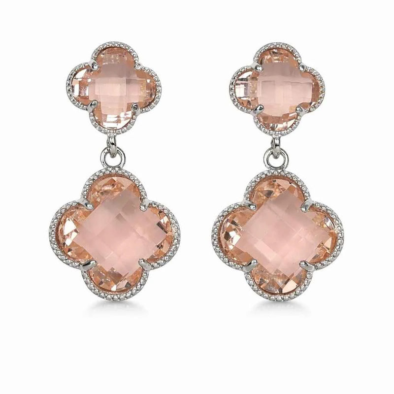 Pair of clover-shaped blush crystal drop earrings in 925 silver with sparkling halos